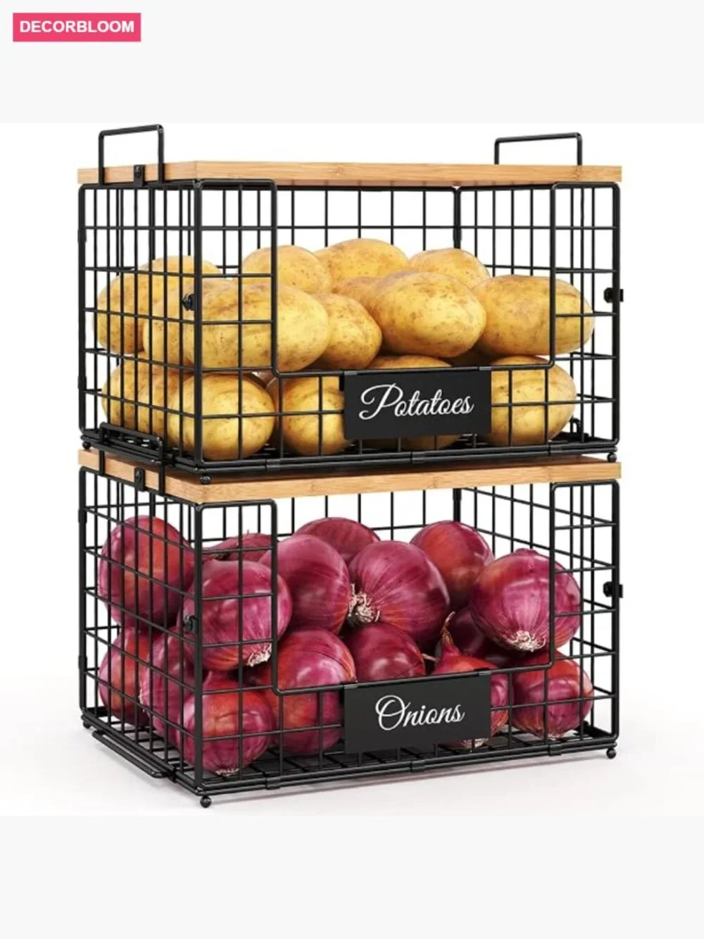 2 Pack Stackable Wire Baskets with Wooden Tops & Tags for Kitchen Pantry Storage